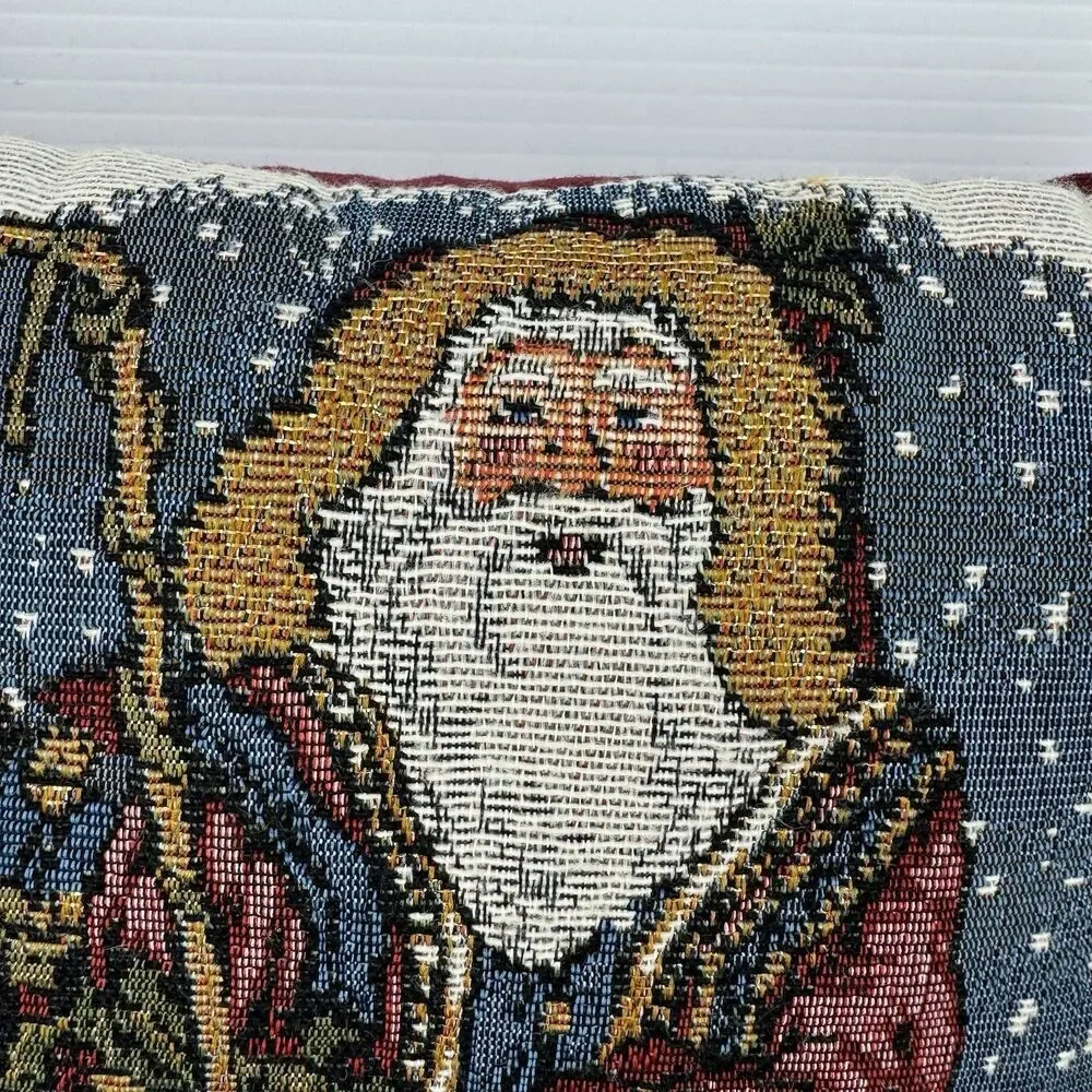 Vintage Santa Claus Tapestry Pillow 12” Father Christmas Rustic Winter Decor